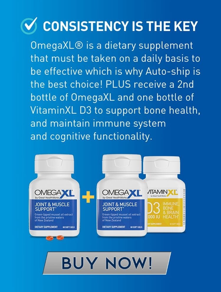 Consistency is the Key. OmegaXL is a dietary supplement that must be taken on a daily basis to be effective which is why auto-ship is the best choice! Plus receive a 2nd bottle of OmegaXL and one bottle of VitaminXLD3 to support bone health, and maintain immune system and cognitive functionality.